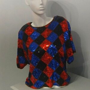 Vintage Sequin Harlequin Top - Red and Blue (80's?) Pre-owned good conditions
